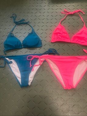 Uncle lot of two Blue & Neon Pink String Bikini Sets sz large fits medium